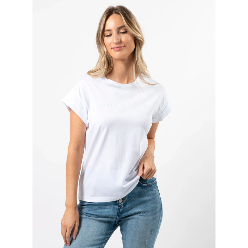 Embroidered logo tee cuff sleeve tee